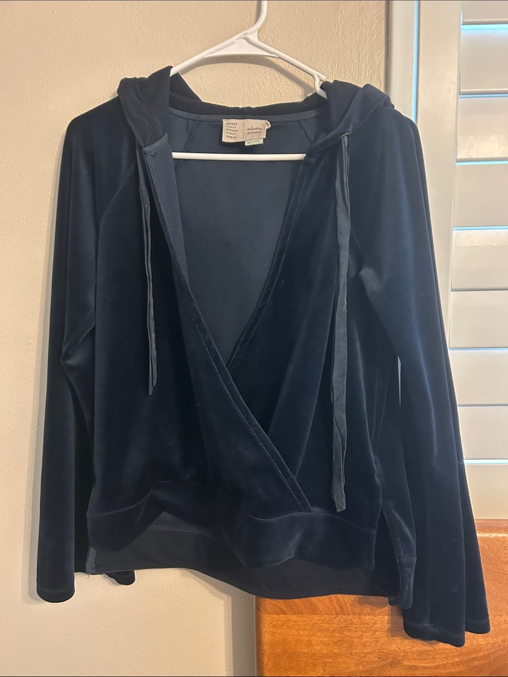 Anthropologie  Saturday Sunday Velvet Hooded Wrap Top Navy